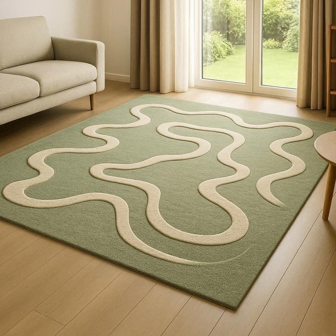 Handmade Sage Green Wavy Wool Area Rug Organic Swirl Tufted Carpet 5x8 ...