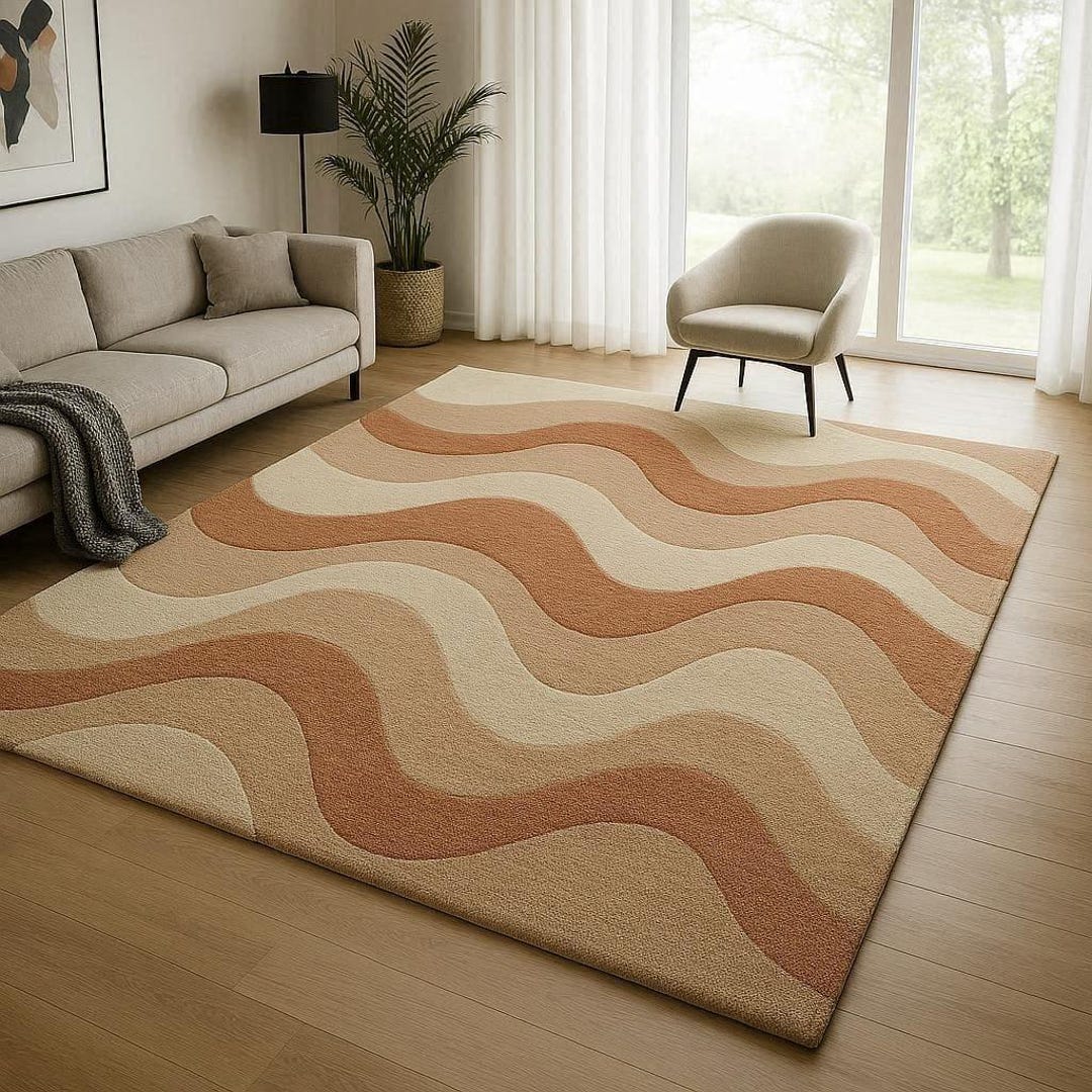 Retro Wavy Hand Tufted Wool Rug 8x10 Modern Abstract Area Carpet for ...