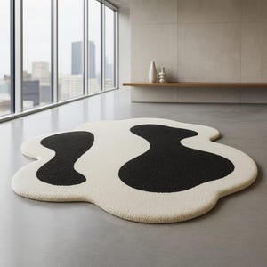 Könnte beinhalten: Moderner, abstrakter Teppich mit cremefarbenem Hintergrund und zwei großen, unregelmäßigen schwarzen Formen. Der Teppich liegt auf einem grauen Boden in einem Raum mit großen Fenstern und minimalistischem Design. Ungefähre Abmessungen: 152 cm x 203 cm.