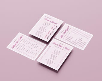 Juegos para despedida de soltera / 4 tarjetas imprimibles tamaño A5 / Plantillas editables de Canva / Tema rosa