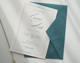 Invitación de boda moderna y elegante / Toque regio / Plantilla Canva A6 / Crema y verde azulado