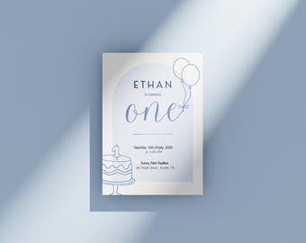 Invitación para el primer cumpleaños / Azul minimalista / Plantilla editable Canva A6 / Invitación imprimible para bebé