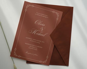 Invitación de boda elegante y regia / Lujo clásico / Plantilla Canva A6 / Rojo y beige champán