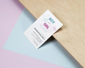 Plantilla de invitación para revelar el género / A6 editable en Canva / Tema rosa y azul / Descarga instantánea