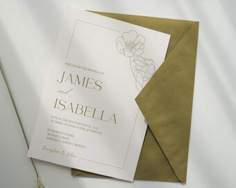 Invitación de boda minimalista moderna / Elegante diseño lineal / Plantilla dorada para lienzo / A6