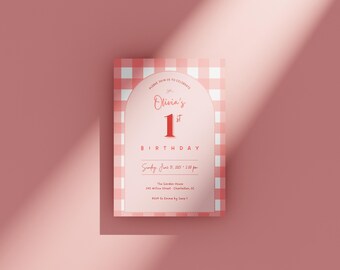 Invitación para el primer cumpleaños del bebé / Plantilla editable A6 en Canva / Invitación imprimible para fiesta / Tonos rojos