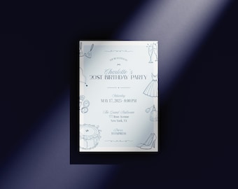 Invitación de cumpleaños azul glamurosa / Noche de chicas / Plantilla editable Canva A6 / Invitación imprimible para fiesta