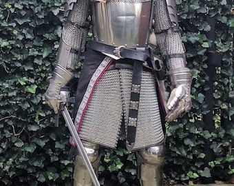 Armure complète médiévale du XVe siècle - Casque de sallet en acier, haubert en cottes de mailles et armure de plaques pour GN, reconstitution et combat