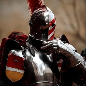 Medeltida riddare i stål med barbuta-rustning | Cosplay, återskapande bild 7