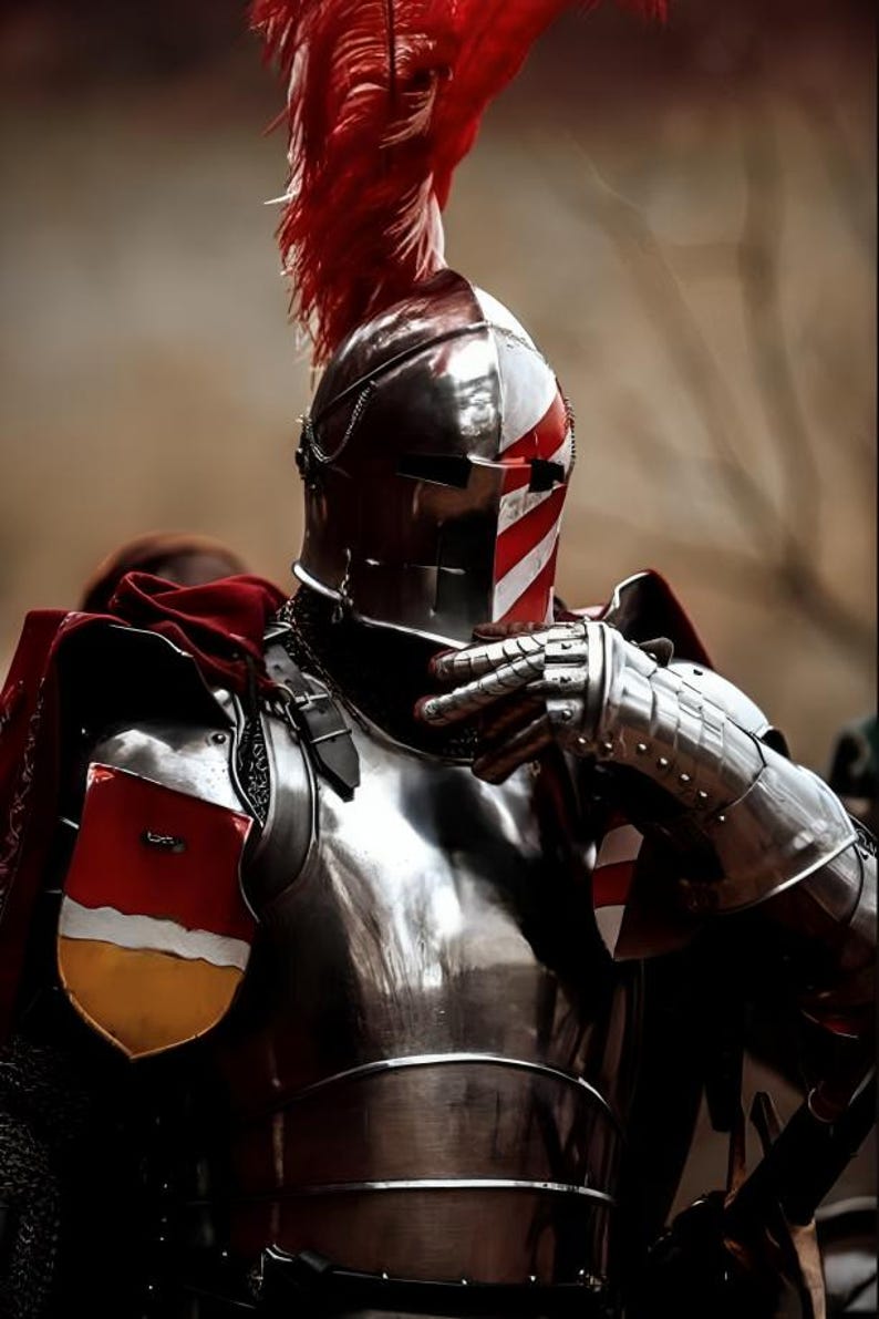 Medeltida riddare i stål med barbuta-rustning | Cosplay, återskapande bild 7