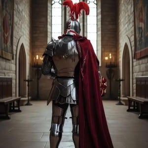 Medeltida riddare i stål med barbuta-rustning | Cosplay, återskapande bild 8