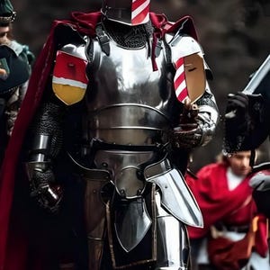 Medeltida riddare i stål med barbuta-rustning | Cosplay, återskapande bild 2