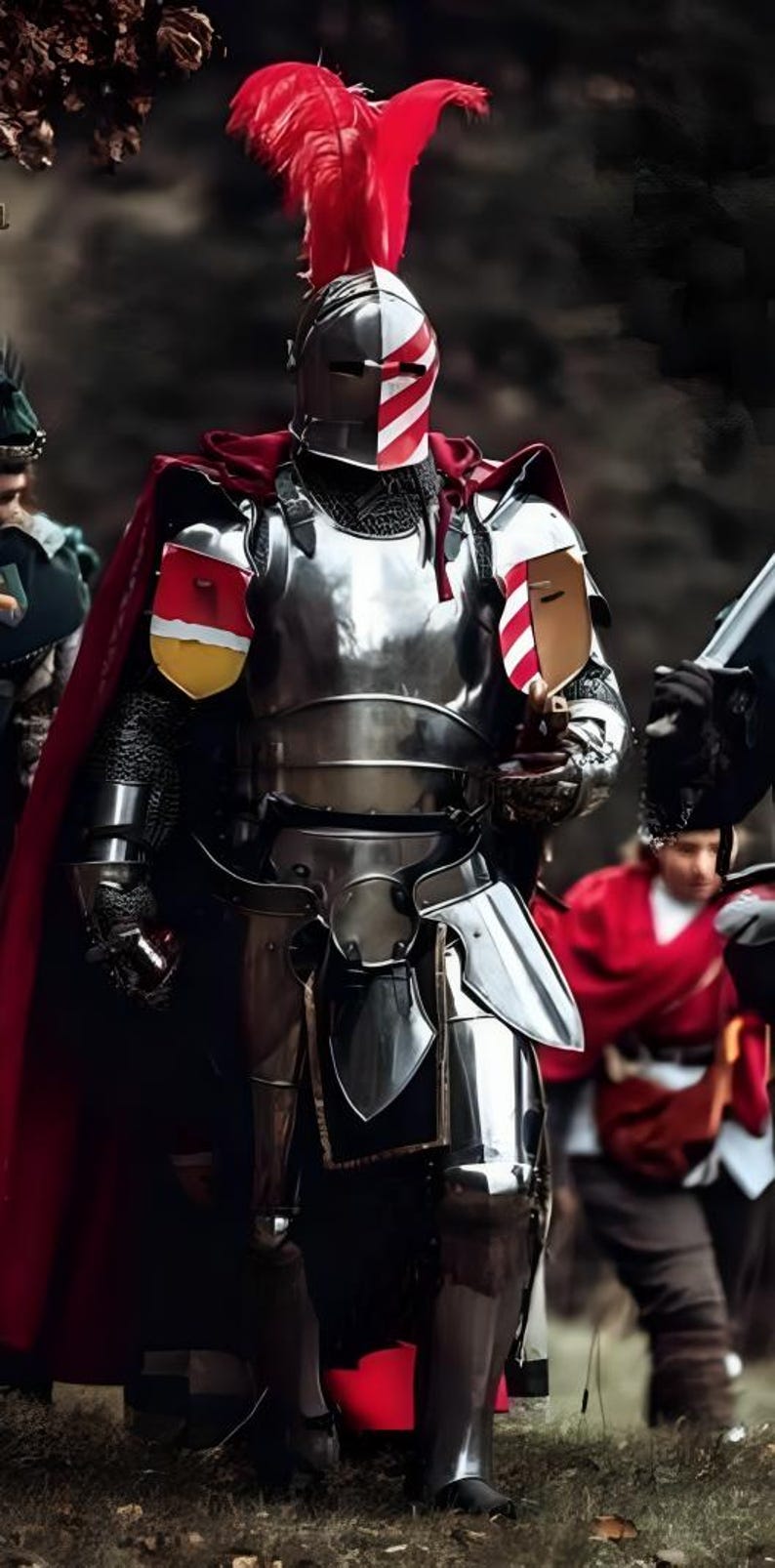 Medeltida riddare i stål med barbuta-rustning | Cosplay, återskapande bild 2