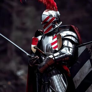 Medeltida riddare i stål med barbuta-rustning | Cosplay, återskapande bild 5