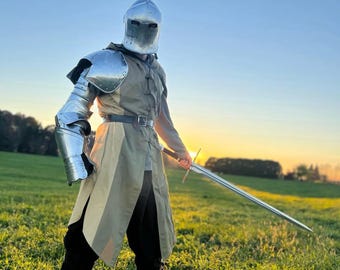 Armadura medieval hecha a mano, traje de caballero con visera azul, cosplay de cuerpo completo.