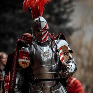 Medeltida riddare i stål med barbuta-rustning | Cosplay, återskapande bild 1