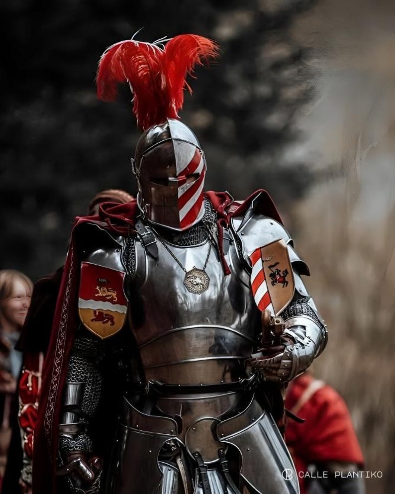 Medeltida riddare i stål med barbuta-rustning | Cosplay, återskapande bild 1