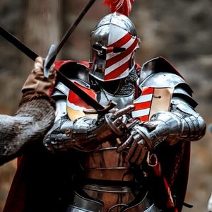 Medeltida riddare i stål med barbuta-rustning | Cosplay, återskapande bild 6