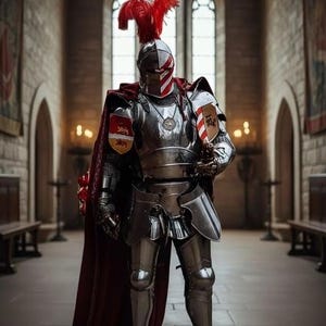 Medeltida riddare i stål med barbuta-rustning | Cosplay, återskapande bild 9