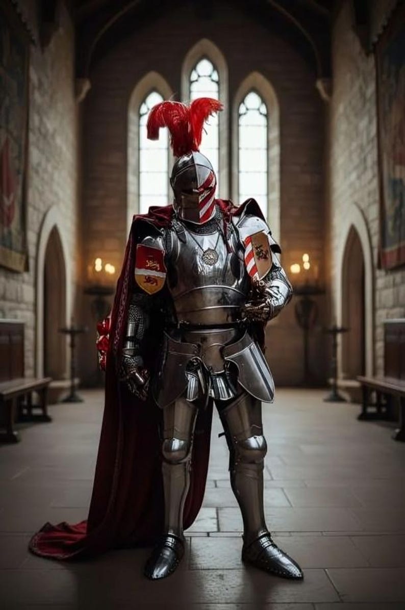 Medeltida riddare i stål med barbuta-rustning | Cosplay, återskapande bild 9