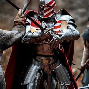 Medeltida riddare i stål med barbuta-rustning | Cosplay, återskapande bild 3