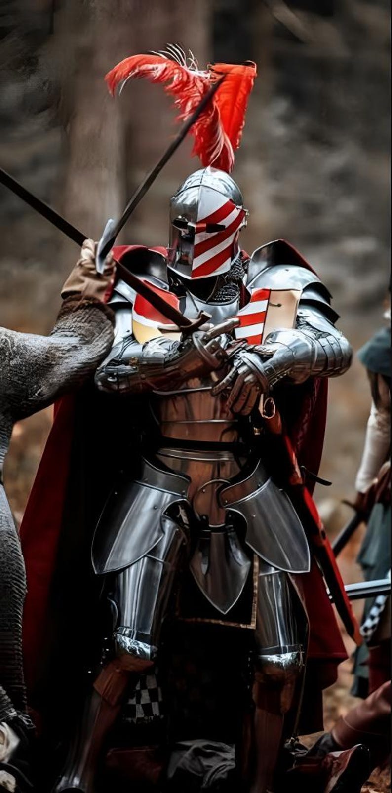 Medeltida riddare i stål med barbuta-rustning | Cosplay, återskapande bild 3