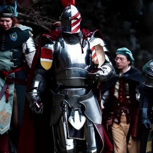 Medeltida riddare i stål med barbuta-rustning | Cosplay, återskapande bild 4