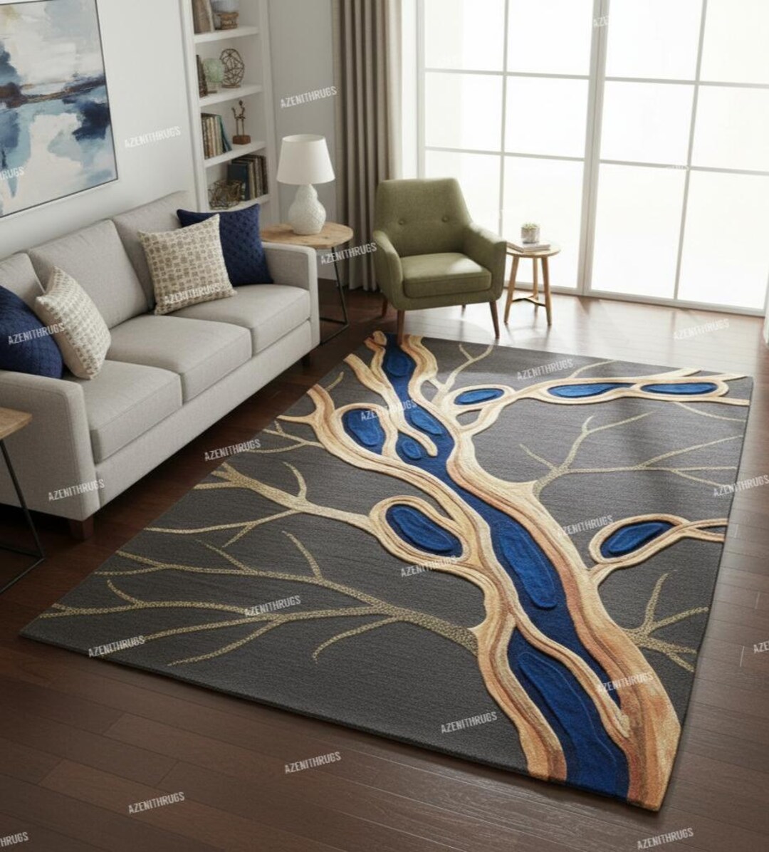 Modern Tree Branch Area Rug With Blue Accents, Contemporary Nature ...