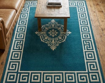 Hand Tufted Teal Greek Key Wool Rug – Baroque Medallion Area Rug, Custom Size 2x3 3x5 4x6 5x7 6x9 8x10 9x12 Runner, Ivory