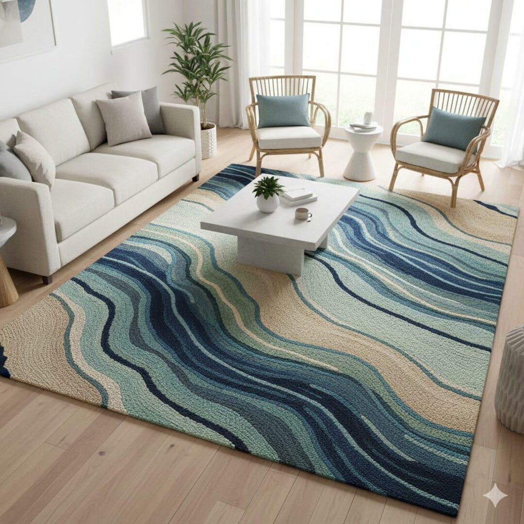 Ocean Wave Area Rug, Blue Abstract Modern Carpet, Coastal Living Room ...
