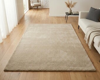 Alfombra de lana color marfil de 8x10 pies, color crema liso, suave, para sala de estar o dormitorio, estilo minimalista y acogedor.