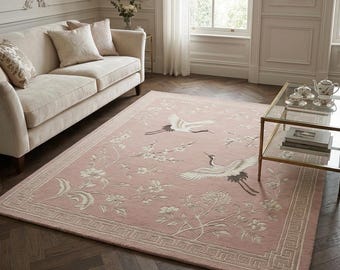 Blush Pink Chinoiserie Crane Floral Greek Key Wool Rug, Multiple Sizes Available