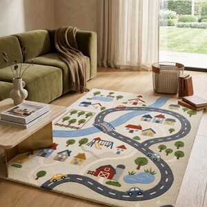 Alfombra infantil con mapa de pueblo, coches, casas, carretera, beige y azul, 8x10, alfombra tejida a mano.
