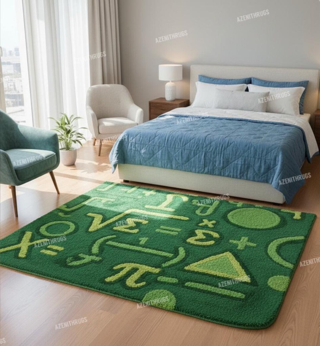 Green Rug With Math Green Math Symbols Rug Modern Geometric Classroom & Kids Room Area ...