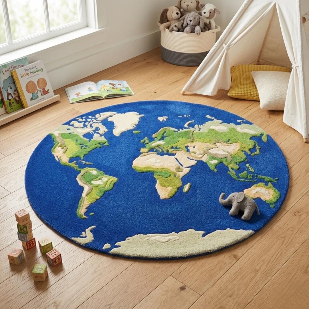 Handmade World Map Round Rug – Blue Green Earth Globe Tufted Area ...