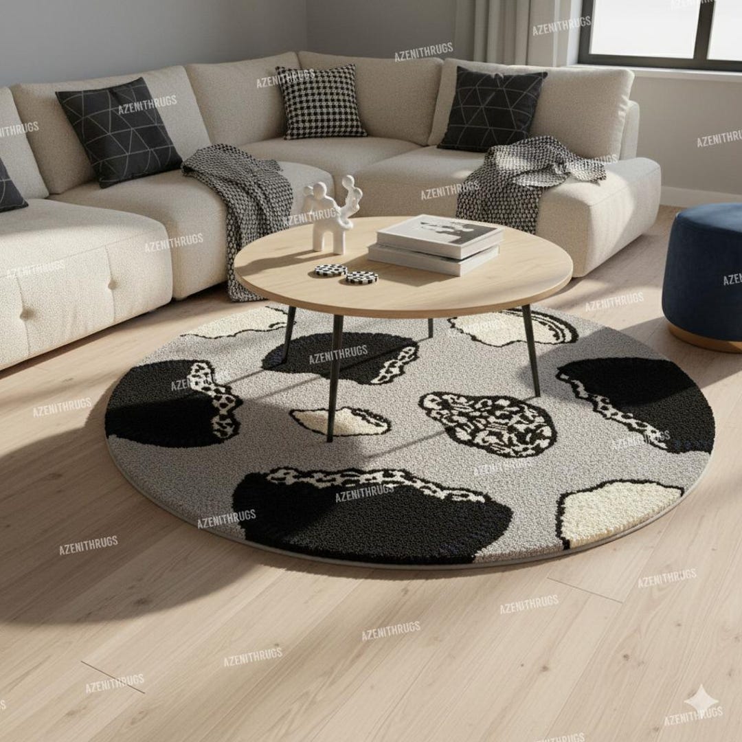 Abstract Black & Cream Round Tufted Rug Modern Artistic Carpet - Etsy