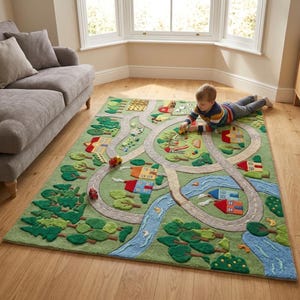 Könnte beinhalten: Ein grüner, rechteckiger Spielteppich mit Straßen- und Stadtmotiv. Der Teppich zeigt Straßen, Gebäude, Bäume und einen Fluss. Ein Kind spielt mit Spielzeugautos auf dem Teppich. Der Teppich liegt auf einem Holzboden.