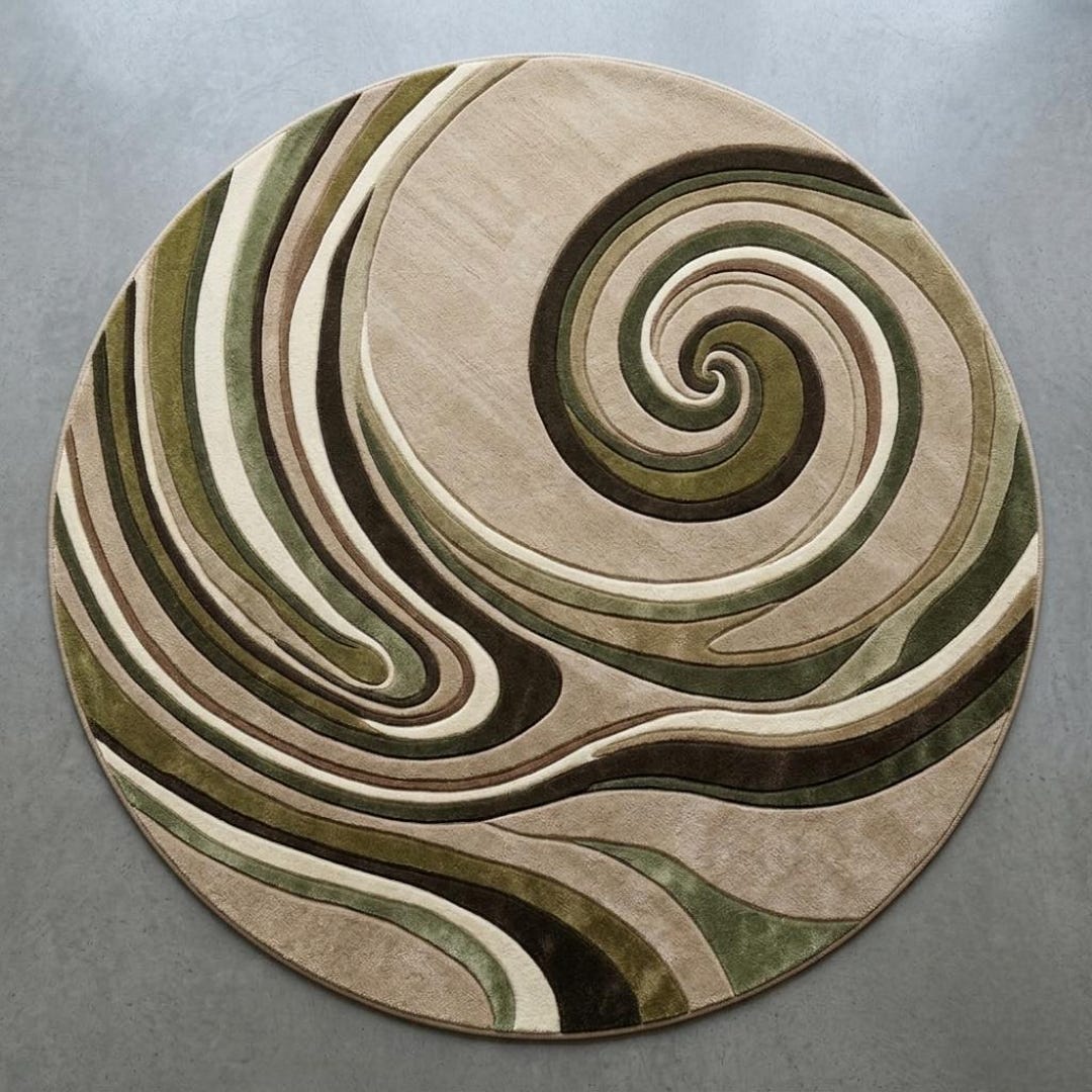 Round Swirl Rug Hand Tufted Green Beige Abstract Wave Circle Living ...