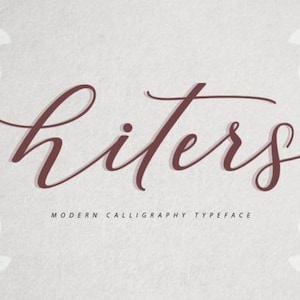 May include: A modern calligraphy typeface design featuring the word "kiters" in a burgundy script font. The text "Modern Calligraphy Typeface" is below the word. The background is a light grey with white leaf accents.