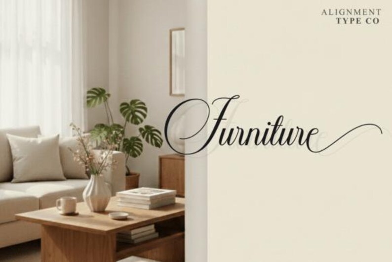 May include: A living room scene featuring a beige sofa, wooden coffee table, and potted plants. A vase with flowers and a coffee cup are on the table. The word "Furniture" is written in elegant script. The text "ALIGNMENT TYPE CO" is also visible.
