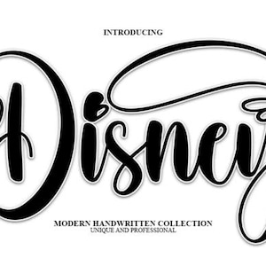 May include: Black and white graphic with the word "Disney" in a cursive font. The word is outlined in white and set against a white background. The text "INTRODUCING" is above the word "Disney", and below it are the words "MODERN HANDWRITTEN COLLECTION" and "UNIQUE AND PROFESSIONAL".