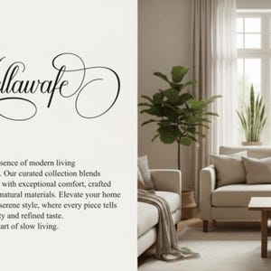 May include: Interior design scene with a sofa, chairs, and a coffee table. The image features the text "Kellawafe" in elegant script. The room is decorated in neutral tones, with plants and natural light.