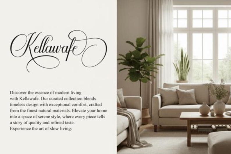 May include: Interior design scene with a sofa, chairs, and a coffee table. The image features the text "Kellawafe" in elegant script. The room is decorated in neutral tones, with plants and natural light.
