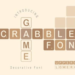 May include: A decorative font design featuring the words "SCRABBLE GAME FONT" spelled out with Scrabble tiles. The design includes the text "INTRODUCING" and "Decorative Font". Uppercase and lowercase options are also shown.