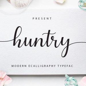 May include: A white card with the word "hantry" in elegant black script, presented with the word "present" above and "modern ecalligraphy typeface" below. The card is surrounded by pink roses, petals, and decorative twine.