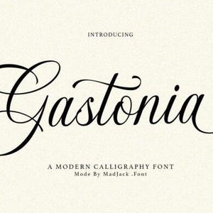 Puede incluir: Fondo color crema con la palabra "Gastonia" en elegante caligrafía negra. El texto "Introducing" está arriba, y "A Modern Calligraphy Font" y "Made By Madjack .Font" abajo. Una fuente elegante para proyectos de diseño.