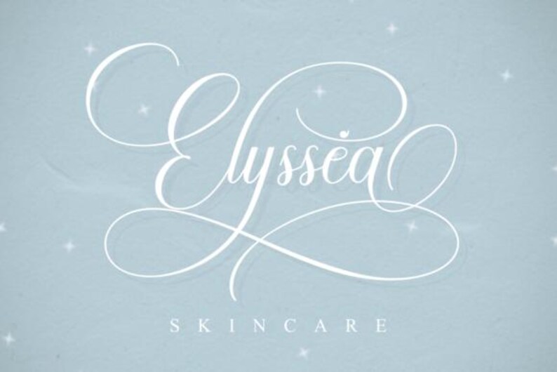 May include: A light blue background with the white text "Elyssea Skincare" in an elegant, cursive font. Small white star shapes are scattered across the background, adding a subtle sparkle.