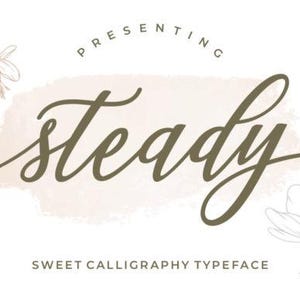May include: A digital graphic featuring the word "Steady" in elegant, flowing calligraphy. The text is in a muted olive green color, set against a soft, watercolor-like background. The words "Presenting" and "Sweet Calligraphy Typeface" are also included.