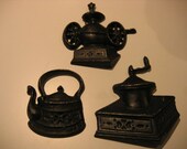 Cast Iron look Vintage Metal Coffee Grinders Kettle wall hangings. 3 for 1