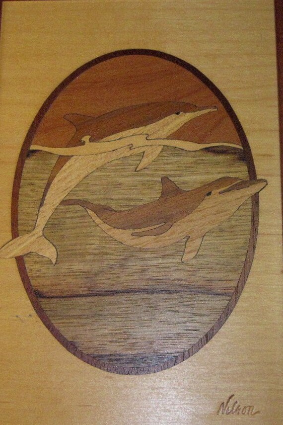 Dolphin Pair! BEAUTIFUL WOOD Inlay MARQUETRY by Hudson River